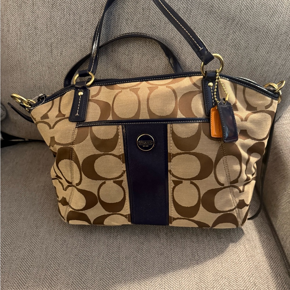 Coach Tan and Brown Signature Tote with Navy Blue Accents